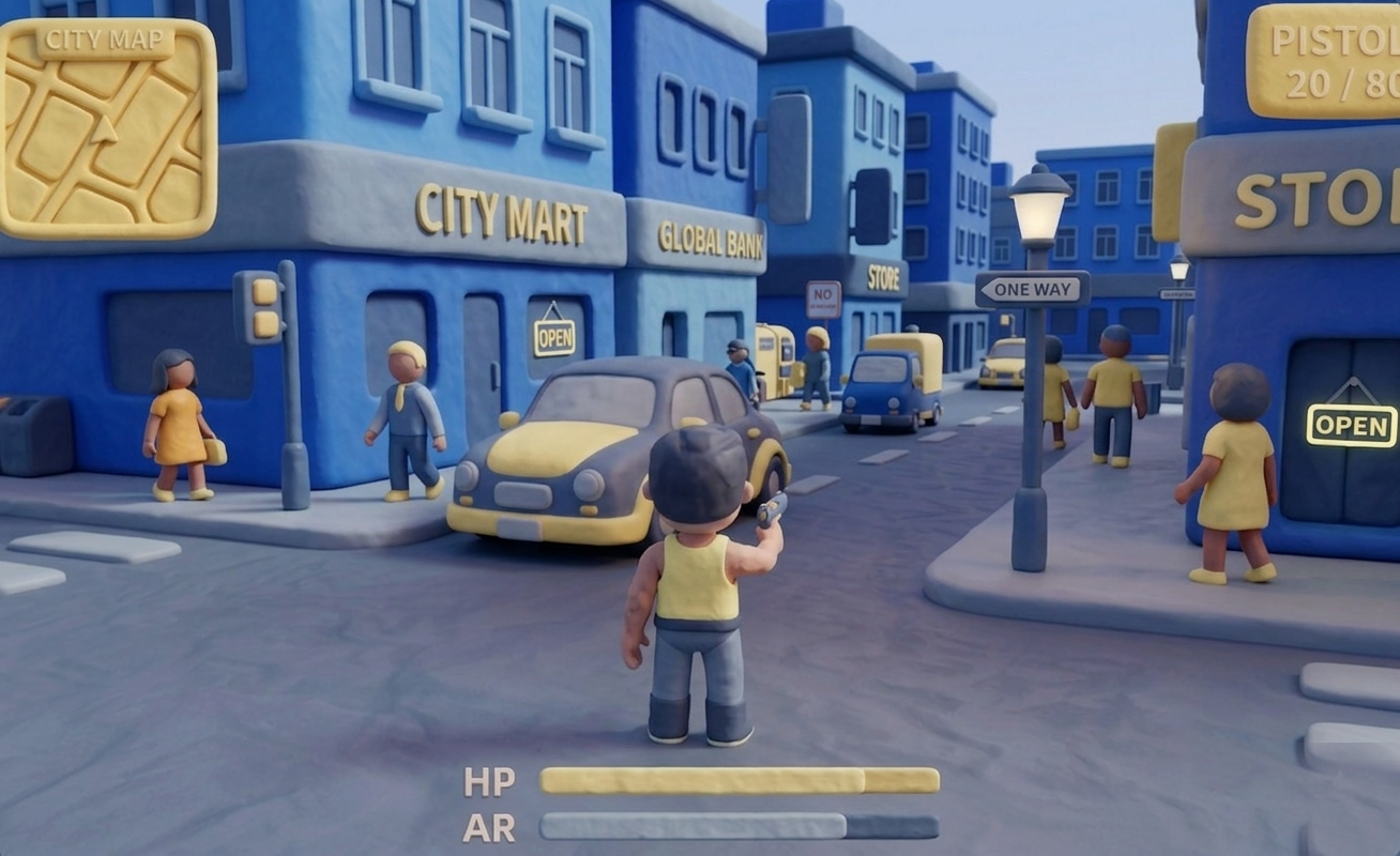 3D game world with player and NPC agents