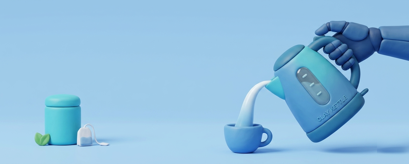 A clay-style robot hand pouring from a kettle — an everyday physical task