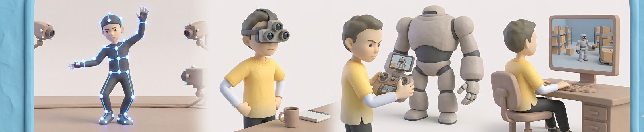 People performing robot data-collection — mocap, VR capture, robot scanning, review